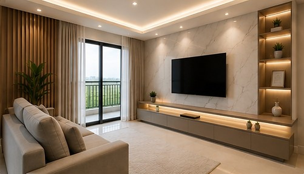 Sala reformada com forro de gesso, iluminação embutida e acabamento premium