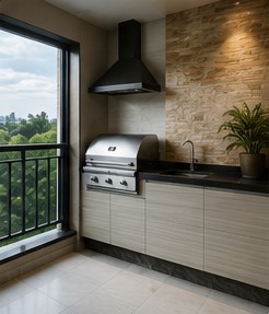 Área gourmet reformada com revestimento em pedra e bancada